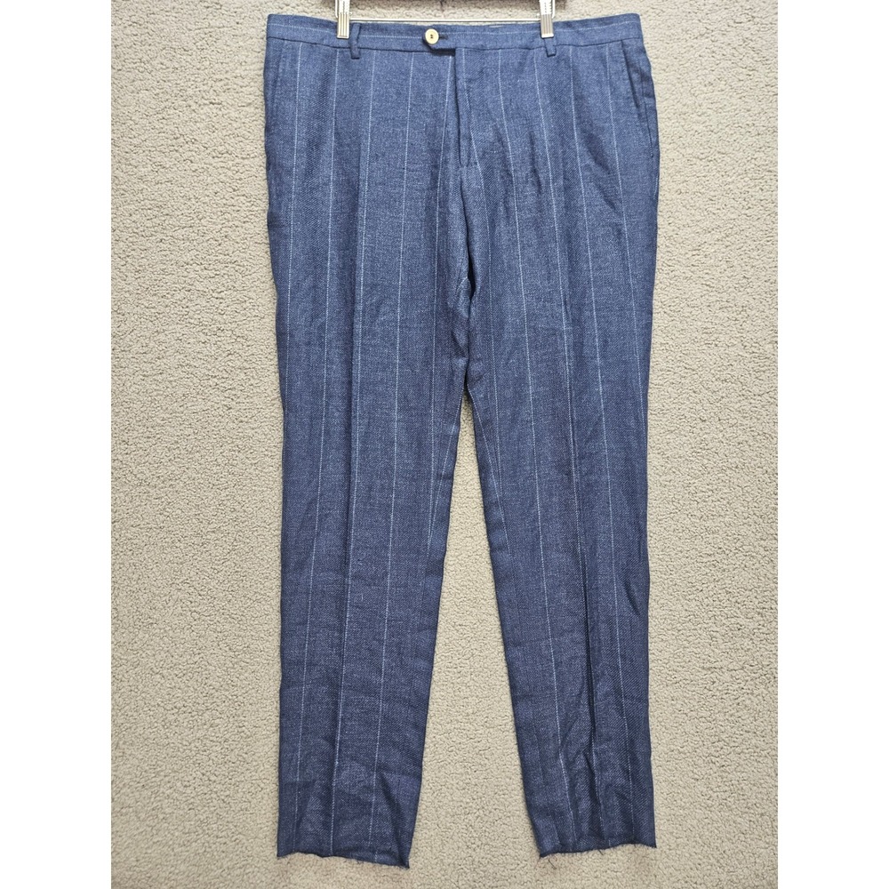 Eleventy Platinum Trousers 40x34 Blue Pinstripe Linen Wool Silk Made in Italy